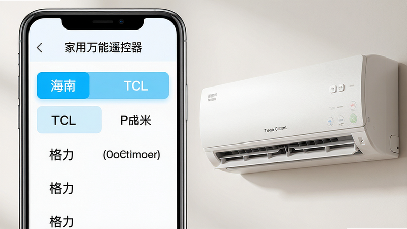 主体:手机屏幕上显示“家用万能遥控器”品牌选择列表,列表中有海信、TCL、格力等品牌名称,旁边展示一个空调挂机;布局:手机占据左半部分,空调在右半部分;排版:列表文字清晰,空调外观完整;风格:写实与UI结合,柔和光线;细节:品牌名称高亮,空调面板有质感;画质:高清渲染,干净无多余元素。