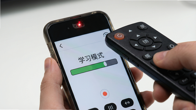主体:一部手机正在录制遥控器信号,屏幕显示“学习模式”进度条,另一只手拿着原装遥控器对准手机顶部红外发射口;布局:双手操作特写,手机屏幕内容清晰可见;排版:界面简洁,进度条醒目;风格:教学演示风格,真实感强;细节:红外发射口有红色光点,按键高亮;画质:锐利清晰,干净无多余元素。