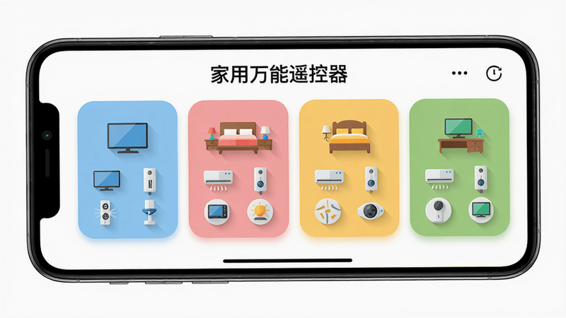 主体:手机屏幕显示“家用万能遥控器”的房间管理界面,有客厅、卧室、书房三个卡片,每个卡片内包含电视、空调等设备图标;布局:卡片横向排列,色彩区分;排版:卡片圆角设计,设备图标整齐;风格:明亮扁平化,温馨家居感;细节:每个房间有不同背景色,图标有阴影;画质:1080P高清,干净无多余元素。