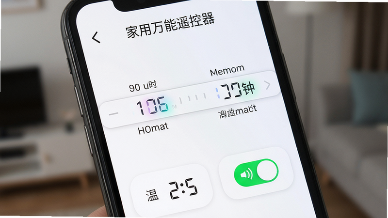 主体:手机屏幕显示“家用万能遥控器”的定时设置界面,有小时和分钟滚轮,下方有温度显示和语音开关选项;布局:界面居中,滚轮和开关排列有序;排版:字体清晰,开关状态明显;风格:简洁清爽,功能性强;细节:温度数字有渐变效果,语音开关有绿色高亮;画质:超清,干净无多余元素。