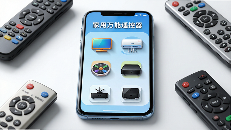 主体:一部智能手机屏幕显示“家用万能遥控器”应用主界面,界面中排列着电视、空调、机顶盒等家电图标,手机旁边放置着几个传统遥控器;布局:手机居中,遥控器散落周围形成对比;排版:界面图标整齐,色彩分明;风格:现代科技感,明亮简洁;细节:屏幕内图标有立体阴影,手机边缘有光泽;画质:4K超清,干净无多余元素,文字标注“家用万能遥控器”。