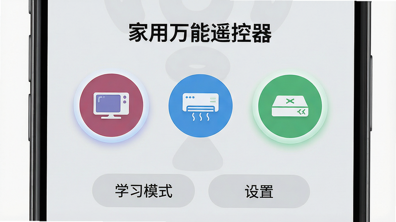 主体:手机屏幕显示“家用万能遥控器”的快捷遥控面板,上面有电视、空调、机顶盒三个圆形按钮,下方有“学习模式”和“设置”按钮;布局:按钮居中排列,背景为浅灰色;排版:图标大而醒目,文字标签清晰;风格:极简设计,扁平化;细节:每个按钮有不同颜色,按钮按下时有光晕效果;画质:超清,干净无多余元素。