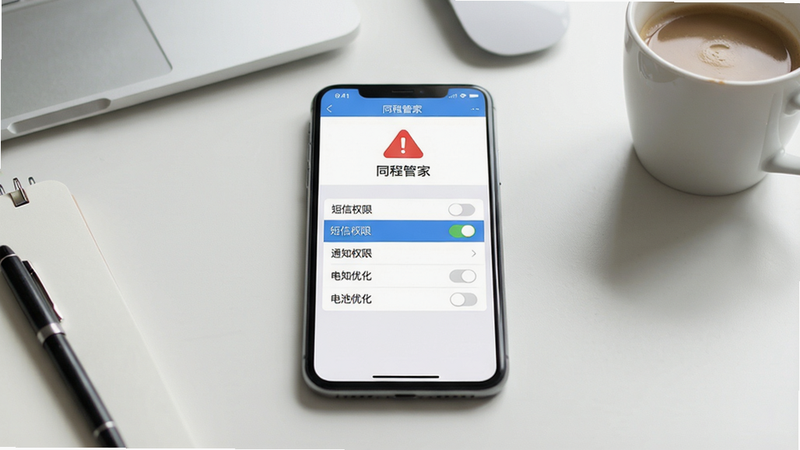 主体:一部手机平放在桌面上,屏幕显示同程管家APP的设置界面,界面上方有一个红色的警告感叹号图标,下方是权限管理列表。布局:手机位于画面中央,桌面背景有简约的办公用品和一杯咖啡。排版:屏幕内设置列表清晰展示“短信权限”、“通知权限”、“电池优化”等开关选项。风格:写实摄影风格,柔和自然光线,浅景深效果突出手机屏幕内容。细节:屏幕中“短信权限”选项开关处于开启状态,并高亮显示。画质:高清,干净,无多余元素。