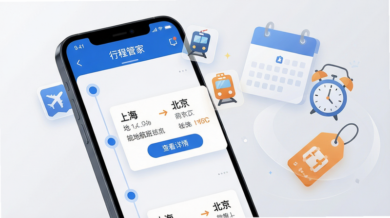 主体:一部亮屏的智能手机特写,屏幕占据画面中心,屏幕上清晰展示同程管家APP的行程时间轴界面,界面中悬浮着飞机、火车、酒店的小图标。布局:手机位于画面中央偏左,右侧留白处环绕着半透明的日历、闹钟和行李牌元素,形成信息环绕的视觉效果。排版:手机屏幕内的UI界面采用卡片式纵向排列,时间节点用醒目的蓝色圆点串联。风格:现代扁平化插画风格,色彩以商务蓝和暖橙色为主,背景为干净的浅灰色渐变。细节:屏幕中显示出发地“上海”到目的地“北京”的航班卡片,卡片下方有“查看详情”的按钮文字。画质:4k超清,干净,无多余元素。