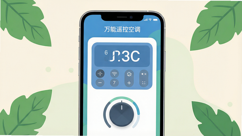 主体:一部智能手机屏幕显示万能遥控空调应用界面,界面中有空调遥控面板和温度调节旋钮;布局:手机居中,屏幕内容清晰可见,周围有简约的浅色背景和几片绿叶点缀;排版:手机为视觉中心,界面元素整齐排列;风格:现代扁平化插画风格,色彩清新明快;细节:屏幕中显示“万能遥控空调”字样和温度数字,模拟真实使用场景;画质:高清渲染,干净无多余元素