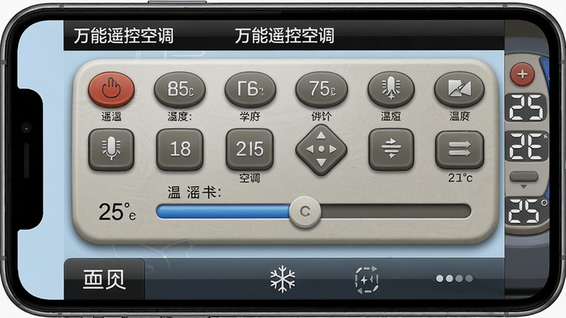 主体:手机横屏显示空调遥控面板,按键布局类似实体遥控器,温度调节区域有滑动条;布局:遥控面板占据整个屏幕,按键排列整齐,底部有菜单栏;排版:按键图标大而清晰,文字注释明确;风格:拟物化设计,模拟真实遥控器质感;细节:屏幕显示“万能遥控空调”字样,温度显示为25度;画质:高分辨率,纹理细腻,干净无多余元素