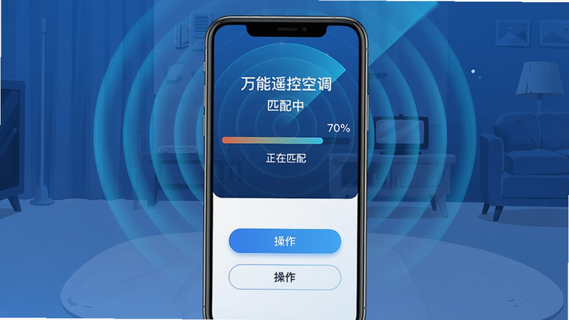主体:手机界面显示红外匹配进度条和“正在匹配”状态,背景有雷达波纹动画;布局:手机居中,画面分为上下两部分,上部为动画效果,下部为操作按钮;排版:信息层级分明,引导清晰;风格:科技感插画,蓝色调为主;细节:屏幕中显示“万能遥控空调”和“匹配中”字样,进度条完成度约70%;画质:高清,动态感强,干净无多余元素