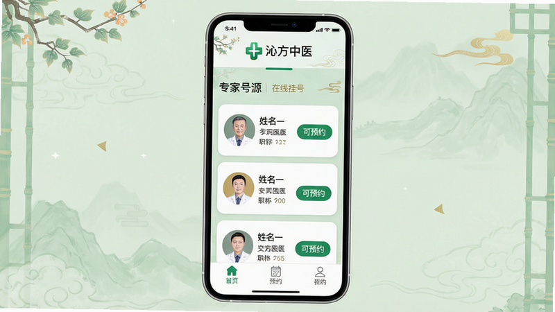 主体:一款名为“沁方中医预约挂号”的智能手机应用界面,手机屏幕中央显示“专家号源”列表。布局:手机竖屏居中,背景为淡绿色中医风格纹理,界面顶部有“沁方中医”Logo与绿色十字标志,下方依次排列专家头像、姓名、职称与“可预约”绿色按钮。排版:界面清爽,卡片式布局,圆角设计,字体清晰。风格:现代医疗与中医传统元素融合,扁平化设计,色彩以白、绿、金为主。细节:手机屏幕上方有“在线挂号”字样,底部导航栏显示“首页、预约、我的”图标,整体画面干净明亮。画质:高清渲染,干净,无多余元素。