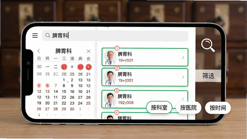 主体:手机应用展示“智能号源查询”功能,屏幕显示日历与号源列表。布局:手机横屏置于桌面,右侧有放大镜图标与筛选标签,下方有“按科室”“按医院”“按时间”三个悬浮按钮。排版:界面以白色为底,号源卡片用绿色边框强调,日期用红色圆圈标注。风格:扁平化医疗UI,清晰直观。细节:屏幕顶部搜索栏输入“脾胃科”,结果列表显示三位医生及号源余量,背景有模糊的中药柜剪影。画质:高清晰度,干净,无多余元素。