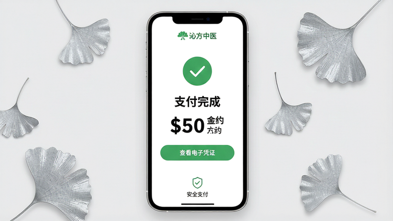 主体:手机屏幕显示支付成功界面,有“预约成功”绿色对勾图标。布局:手机居中,背景为浅灰色,屏幕中央有“支付完成”字样,下方有“查看电子凭证”按钮。排版:界面简洁,金额和医院名称用黑色加粗,按钮为绿色圆角矩形。风格:现代支付界面,简约风格。细节:屏幕顶部有“沁方中医”标志,底部有“安全支付”盾牌图标,背景散落几片银杏叶。画质:高清渲染,干净,无多余元素。