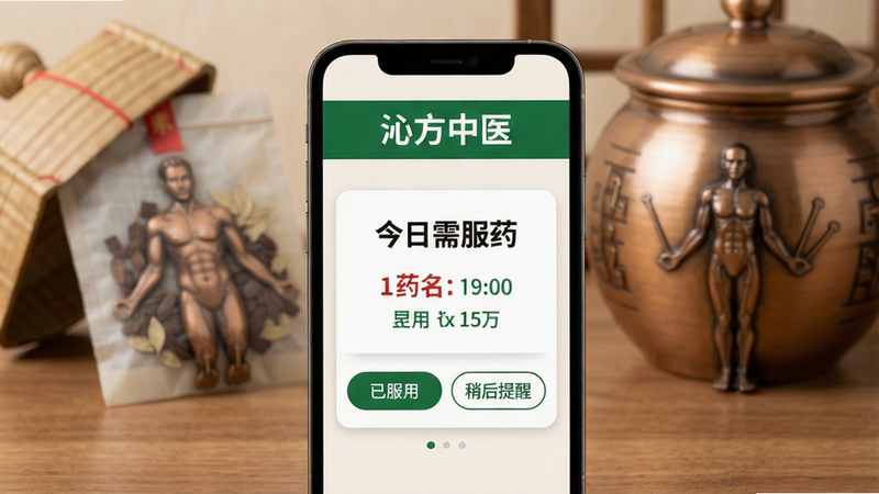 主体:手机屏幕显示用药提醒通知,背景是中药包与药罐。布局:手机竖屏置于木质桌面,屏幕中央有“今日需服药”卡片,下方有“已服用”“稍后提醒”按钮。排版:卡片式设计,药名用红色标出,时间用绿色字体。风格:温馨生活化,医疗与家居融合。细节:屏幕上方有“沁方中医”绿色横幅,背景有模糊的针灸铜人。画质:高清,干净,无多余元素。