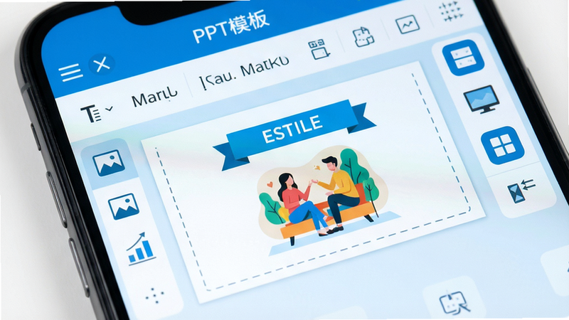 ���������ֻ���Ļ����ʾ��PPTģ�塱�ı༭ҳ�棬�м���һ�ſɱ༭�Ļõ�Ƭ����Χ�й�����ͼ�꣬�������֡�ͼƬ��ͼ���������Ȱ�ť���õ�Ƭ����һ��������һ�Ų�ͼ��������ǳ��ɫΪ��ɫ����������ť�������룬����ϸ�壬�޶���Ԫ��