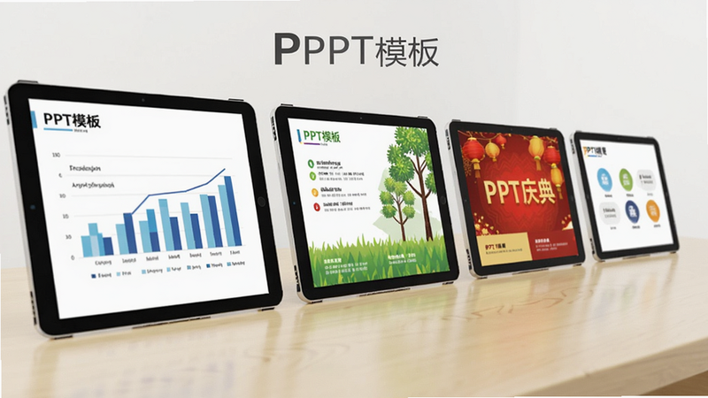 һ�ź������е�PPTģ��չʾǽ����̨ƽ���豸���ų��У�ÿ̨��Ļ��ʾ��ͬ����PPTҳ�棬����ɫ����ͼ��ҳ����ɫ��������ҳ����ɫ�������ҳ������Ϊǳɫľ�����棬���岼�����룬����������ͣ����ʸɾ�������ͻ����PPTģ�塱Ʒ������