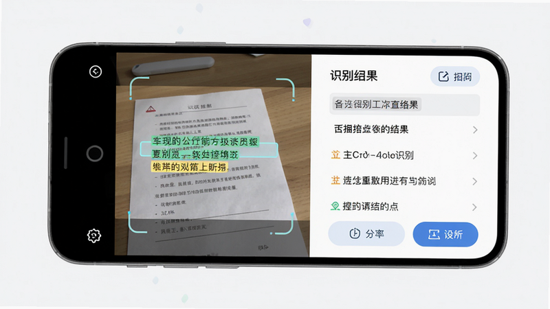 扫描文字提取应用主界面预览图,主体为手机屏幕展示扫描识别过程,布局中央显示摄像头取景框对准文档,右侧有识别结果文字列表,排版简洁清爽,风格现代扁平化,细节包括高亮识别文字区域和功能按钮图标,画质清晰干净,无多余元素