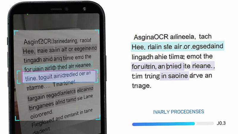 扫描文字提取OCR识别引擎工作示意图,主体为手机扫描一段印刷文字,布局左侧显示原始图片,右侧显示识别出的电子文本,排版对比鲜明,风格科技感,细节包括文字高亮框和识别进度条,画质清晰干净,无多余元素