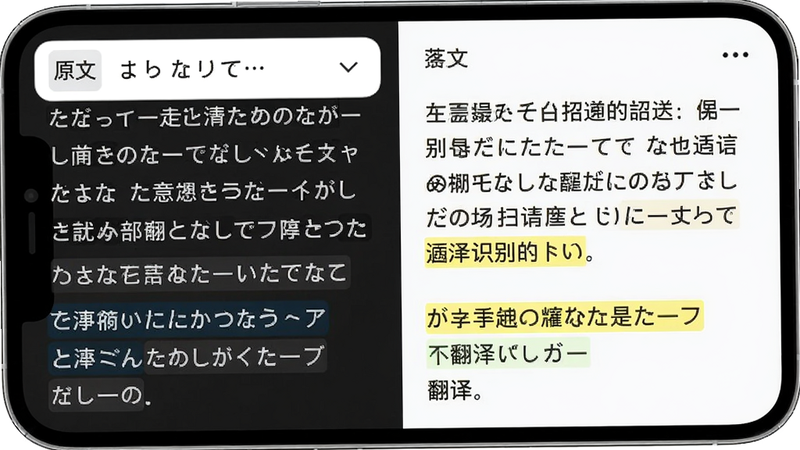 扫描文字提取多语言识别翻译界面,主体为手机屏幕显示一段日文被识别并翻译成中文,布局左右分栏,左侧原文右侧译文,排版清爽,风格国际化,细节包括语言选择下拉菜单和翻译结果高亮,画质清晰,无多余元素