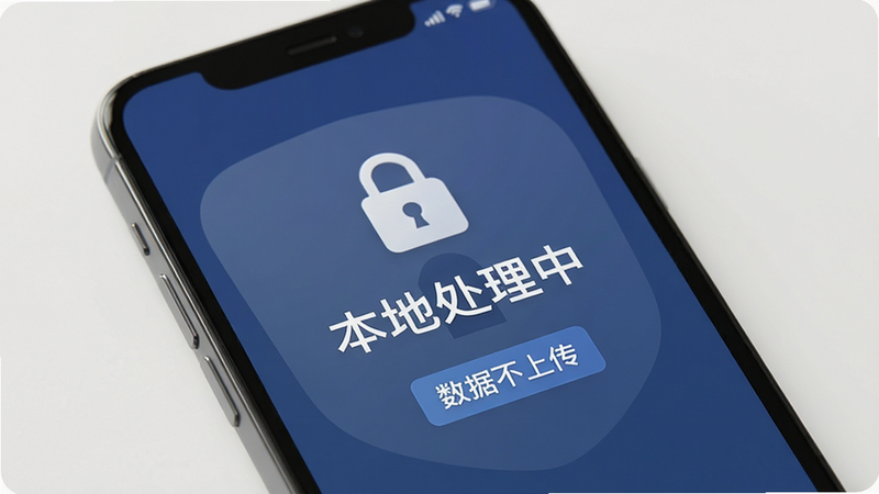 扫描文字提取隐私保护示意图,主体为手机屏幕显示“本地处理中”字样,布局简洁,风格安全感,细节包括锁形图标和“数据不上传”提示,画质干净,无多余元素