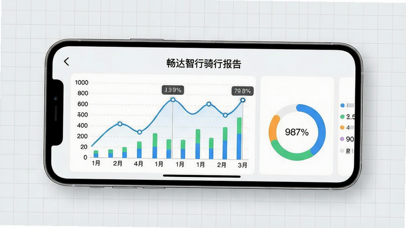 画面主体为一部手机横屏显示骑行数据统计页面,包含折线图、柱状图和里程环图,顶部标题为“畅达智行骑行报告”;布局为图表居中排列,背景为淡灰色网格;风格为数据可视化风格,细节包含坐标轴标签和数据点高亮,画质清晰干净,无多余元素。