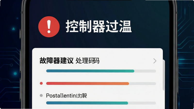 画面主体为手机屏幕显示故障诊断结果界面,红色感叹号图标旁标注“控制器过温”,下方列出处理建议列表;布局为上下结构,背景为深色科技感渐变;风格为扁平化UI设计,细节包含故障码加粗和进度条,画质干净,无多余元素。
