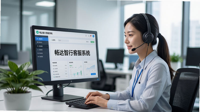 画面主体为客服人员佩戴耳机坐在电脑前,电脑屏幕显示“畅达智行客服系统”界面,背景为现代办公室;布局为人物居中,前景有桌面绿植;风格为写实摄影,细节包括屏幕文字清晰可辨,画质高清整洁,无多余元素。
