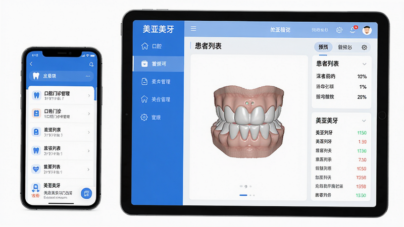 主体:美亚美牙App在手机和平板上运行的界面展示,界面显示口腔门诊管理、患者列表、牙齿3D模型等元素。布局:左侧为功能菜单,右侧为数据看板,中央为牙齿3D预览。排版:简洁清晰,图标化导航,信息层级分明。风格:现代科技感,蓝白主色调,扁平化设计。细节:屏幕中显示“美亚美牙”字样,界面干净无多余元素,画质清晰。