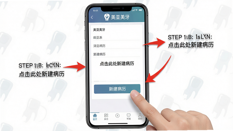 主体:手机端美亚美牙App操作教程界面,手指点击“新建病历”按钮。布局:屏幕中央为病历表单,底部为导航栏。排版:步骤指引清晰,用红色箭头标注。风格:教学风格,半透明遮罩。细节:界面有“美亚美牙”Logo,文字说明“点击此处新建病历”,画质干净。