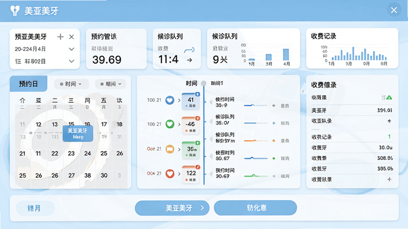主体:美亚美牙App的门诊管理界面,显示预约日历、候诊队列、收费记录等。布局:顶部为日期选择与统计卡片,中部为预约时间轴,底部为功能按钮。排版:信息密集但有序,卡片式设计。风格:医疗专业感,浅蓝色背景,白色卡片。细节:屏幕标注“美亚美牙”名称,界面包含清晰的数据图表,画质干净。