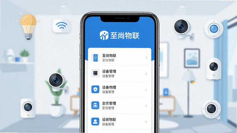 一张展示至尚物联app主界面的高清预览图,画面中央为智能手机屏幕,屏幕上清晰显示“至尚物联”的logo和简洁的设备管理列表,背景为现代简约的智能家居场景,包括智能灯泡、摄像头、传感器等设备图标环绕,整体风格明亮清新,采用扁平化设计,色彩以蓝色和白色为主,画质细腻,干净无多余元素