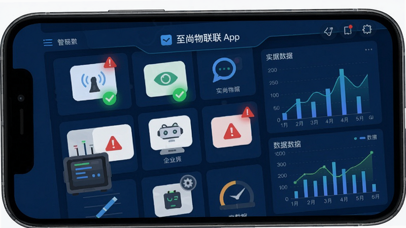 一张展示至尚物联app实时监控功能的界面预览图,画面为手机屏幕,屏幕上显示多个设备的状态图标,伴有绿色在线标识和红色告警提示,背景为深蓝色科技感风格,数据图表清晰可见,扁平化设计,画质干净无多余元素