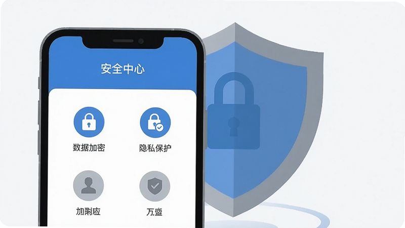 一张展示至尚物联app安全加密功能的示意图,画面为手机屏幕,屏幕上显示“安全中心”界面,包含“数据加密”“隐私保护”等图标,背景为盾牌图案,整体色调为蓝色和灰色,风格简洁稳重,扁平化设计,画质清晰无多余元素