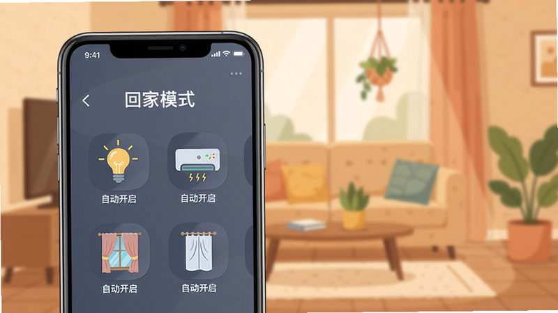 一张展示至尚物联app智能场景联动功能的示意图,画面为手机屏幕,屏幕上显示“回家模式”场景,包含灯光、空调、窗帘等设备图标,并标注“自动开启”字样,背景为温馨的室内环境,色调柔和,扁平化设计风格,画质清晰,无多余元素