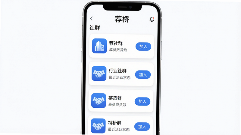 主体:荐桥APP的“社群”页面,顶部有“荐桥”字样,下方列表显示多个行业社群卡片,每个卡片有社群名称、成员数、最近活跃状态。布局:手机居中,列表纵向排列,背景为白色。排版:卡片圆角,间距均匀。风格:清爽商务,蓝色点缀。细节:社群图标为抽象建筑或握手图形,有“加入”按钮。画质:高清,干净,无多余元素。