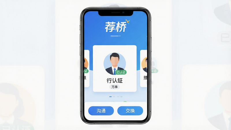主体:一部智能手机屏幕显示荐桥APP主界面,界面顶部有“荐桥”字样Logo,中部展示多位商务人士的卡片头像与行业标签,背景为简洁的蓝色渐变。布局:手机居中,屏幕内容清晰可见,左右留白。排版:卡片式布局,信息层级分明。风格:现代扁平化,商务简约。细节:头像旁有“已认证”标志,底部有“沟通”“交换”按钮。画质:高清,干净,无多余元素。