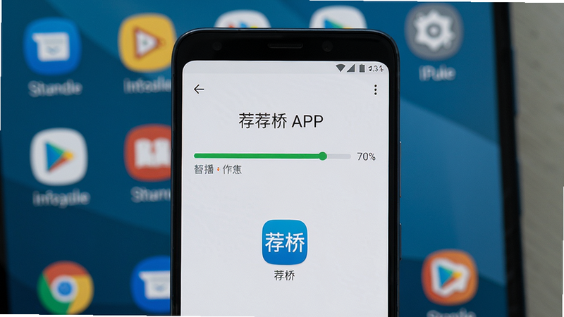 主体:一部安卓手机正在安装荐桥APP,屏幕显示安装进度条,背景为桌面图标。布局:手机居中,安装界面特写。排版:简洁直观。风格:写实,生活化。细节:安装完成后图标显示“荐桥”二字。画质:高清,干净,无多余元素。