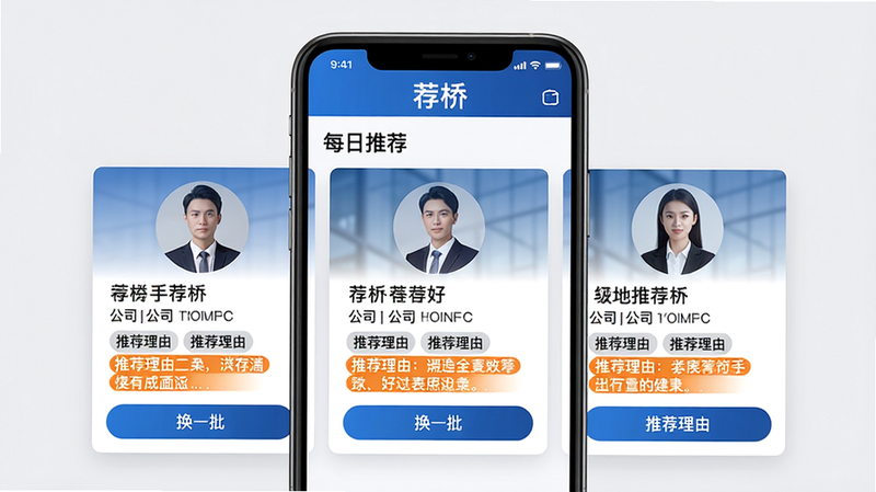 主体:手机界面展示荐桥的“每日推荐”页面,上方有“荐桥”文字,下方并列展示三位商务人士卡片,每张卡片有头像、姓名、公司、行业标签及“推荐理由”。布局:手机居中,卡片横向排列,背景为浅灰色。排版:简洁清晰,重点突出。风格:商务科技感,蓝色主调。细节:推荐理由用橙色高亮,有“换一批”按钮。画质:高清,干净,无多余元素。