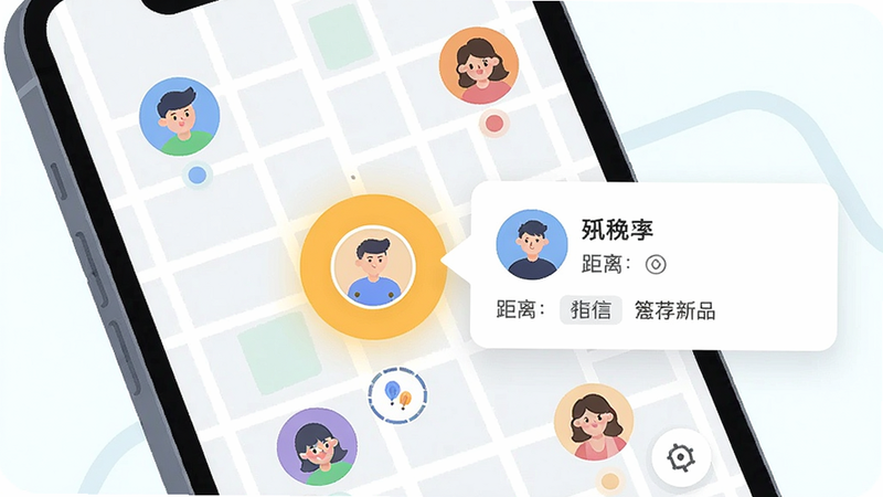 一幅插画展示手机地图界面,地图上有多个彩色用户头像标记点,其中一个标记点被高亮放大,旁边弹出用户资料卡片,包含昵称、距离和个性签名,背景为简洁的浅色网格地图,整体风格清新明快,突出附近的人功能,画面干净,无多余元素,画质清晰。