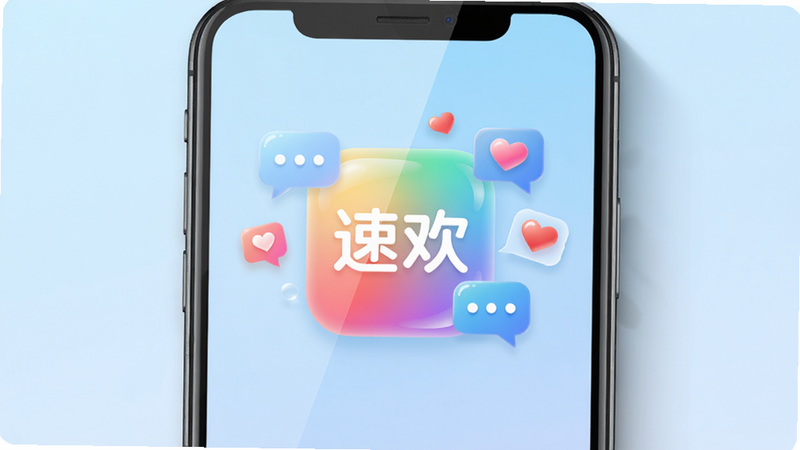 画面主体为一部亮屏的智能手机,屏幕中央显示“速欢”应用图标,图标采用多彩渐变气泡设计,周围环绕着聊天气泡和爱心符号,背景为柔和的浅蓝色渐变,整体布局简洁明快,风格清新活泼,细节包括屏幕反光与投影,画质高清干净,无多余元素,图片中文字需标注为“速欢”