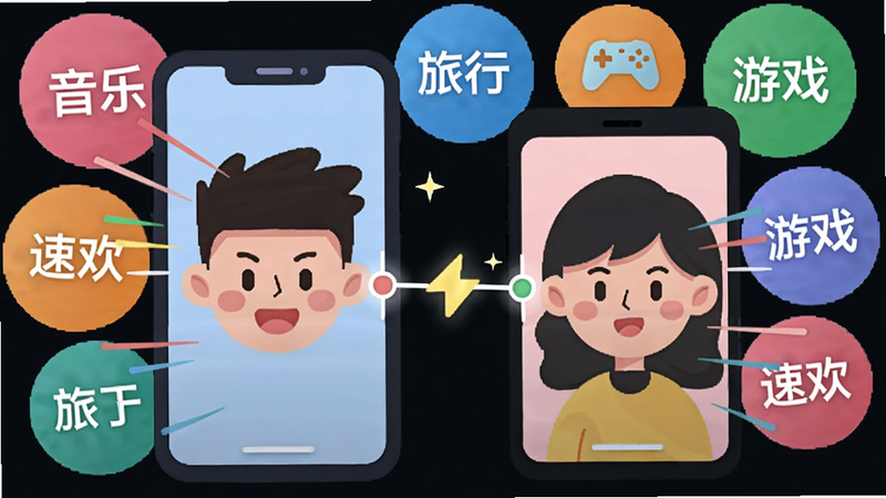 画面主体为两个卡通人物头像通过手机屏幕上的闪光连线连接,背景为多彩的圆形标签云(如“音乐”“旅行”“游戏”),整体布局平衡,风格现代扁平化,细节包括速度线特效与发光节点,画质干净无多余元素,图片中文字标注为“速欢”