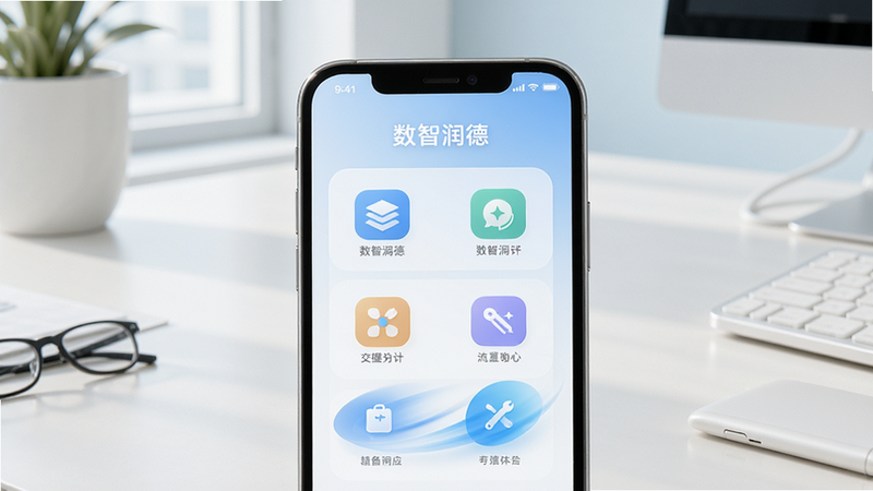 手机屏幕展示“数智润德”软件在流畅运行中的主界面,屏幕上有清晰的图标和流畅的动画效果,手机放置在办公桌上,周围环境简洁明亮,构图采用中心特写,现代简约风格,浅色调为主,强调界面清爽与响应速度,画质细腻,干净,无多余元素