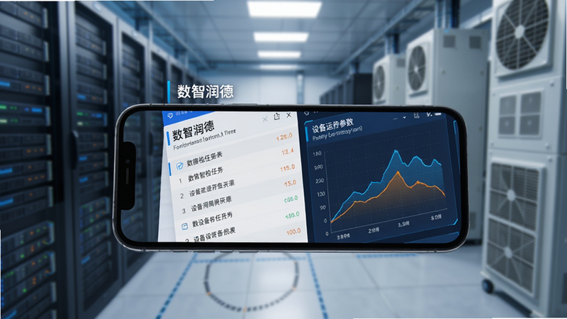 手机屏幕展示“数智润德”设备巡检任务列表与设备运行参数曲线,手机背景是模糊的机房内部环境,有服务器机柜与空调机组,画面突出数据可视化元素,采用俯拍视角,简洁的科技风格,蓝色与橙色点缀,画质清晰,干净,无多余元素