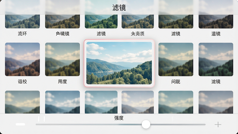 主体:Picchi滤镜选择界面,屏幕展示多款滤镜缩略图,中间一张风景照片应用了日系清新滤镜。布局:网格排列,滤镜名称显示在缩略图下方,当前选中滤镜高亮。排版:顶部有“滤镜”标题,底部有“强度”滑动条。风格:简约时尚,色彩柔和。细节:滤镜缩略图排列整齐,滑动条上有滑块。画质:高清,干净,无多余元素。