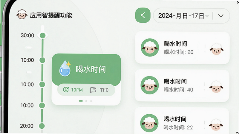 主体:小羊应用智能提醒功能界面,显示一条时间轴和提醒卡片,卡片上写着“喝水时间”。布局:左侧时间轴,右侧卡片列表,顶部有日期选择器。风格:清新简约,绿色与白色搭配,图标可爱。画质:高清,细腻,无多余元素。