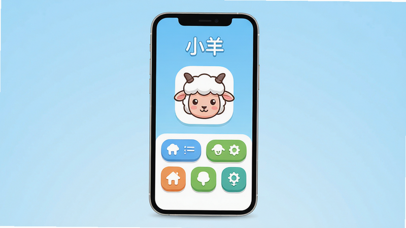 主体:小羊安卓应用主界面展示,手机屏幕内清晰显示卡通小羊图标和功能列表。布局:居中构图,手机竖屏放置,背景为浅蓝色渐变。排版:屏幕上方显示“小羊”字样,下方排列整齐的圆角功能按钮。风格:扁平化设计,色彩明快,细节圆润。画质:高清渲染,干净整洁,无多余元素。
