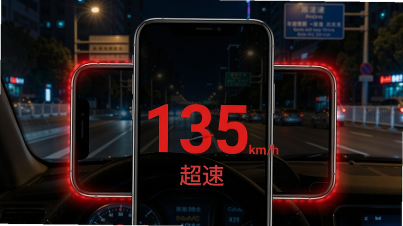 一张展示车速表测速预警界面的图片,手机屏幕中央显示红色大号数字“135”km/h,并伴有“超速”字样,背景为夜间城市道路,主体为手机屏幕,布局居中,风格警示风,细节包括屏幕边缘有红色闪光效果,画质干净无多余元素