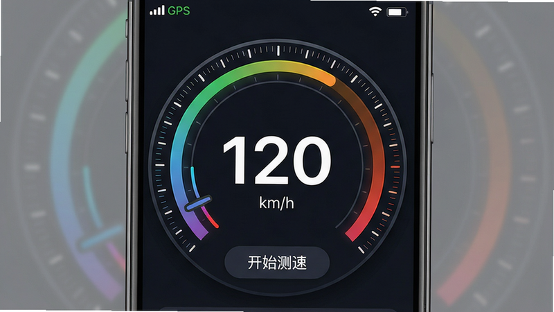 一张智能手机屏幕显示车速表测速应用主界面的高清图片,主体是深色背景下的圆形速度表盘,表盘中央用大号白色数字显示“120”km/h,周围有彩色渐变弧线,顶部状态栏显示GPS信号强度,底部有“开始测速”按钮,布局居中,排版简洁,风格现代科技感,细节包括表盘外圈一圈细腻的刻度线,画质细腻干净,无多余元素