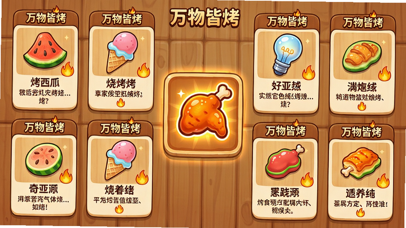 主体:游戏图鉴界面,展示各种奇特食材,如烤西瓜、烤冰淇淋、烤灯泡等,每个食材下方都有名称和趣味描述;布局:网格状排列,每个食材卡片大小均匀,图鉴背景为木质纹理;排版:卡片整齐排列,中心位置突出一个发光的烤鸡翅图标;风格:明亮可爱的卡通UI风格,界面简洁清晰;细节:每个食材卡片上有微小的火焰特效,顶部有“万物皆烤”的LOGO;画质:高清,画面干净,无多余元素。