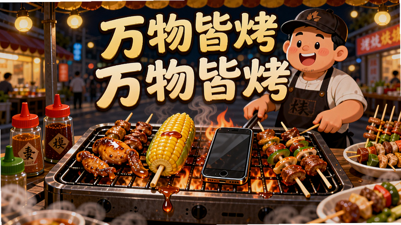 主体:一个热闹的烧烤摊场景,摊主正在烤架上烤制各种奇特食材,包括鸡翅、玉米、甚至一个手机模型,食材上冒着诱人的油光;布局:烤架位于画面中央,周围环绕着各种调料瓶和食材串,背景是夜晚的街道和暖黄色的灯光;排版:画面饱满,主体突出,前景有少量烟雾缭绕;风格:卡通插画风格,色彩鲜艳明亮,细节丰富;细节:烤串上的油滴、火焰的跳动、摊主满足的笑容,画面中悬浮着“万物皆烤”四个大字;画质:高清,画面干净,无多余元素。