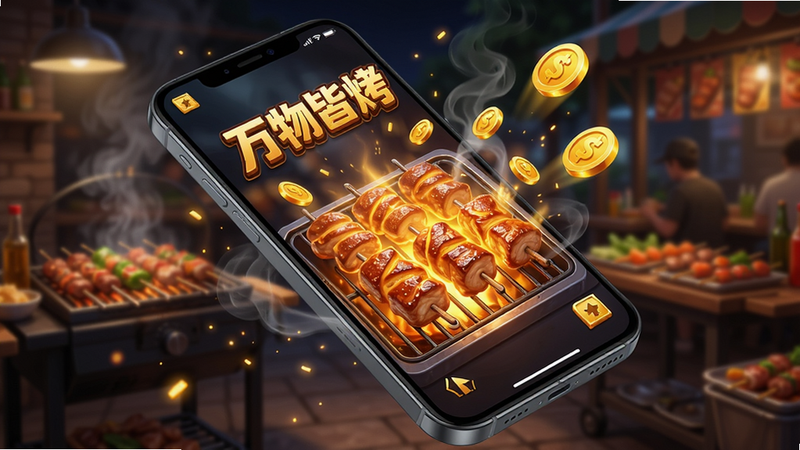 主体:一部手机屏幕显示游戏画面,画面中烤架上的食物发出金色光芒,周围有金币特效;布局:手机位于画面中央,倾斜45度展示,背景为模糊的烧烤店场景;排版:手机屏幕内容清晰可见,周围有烟雾和光点装饰;风格:科技感与卡通结合,光线明亮;细节:屏幕上有“万物皆烤”的标题,食物呈现焦糖色,金币从屏幕中飞出;画质:高清,画面干净,无多余元素。