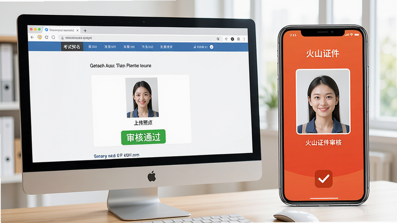 一张电脑屏幕显示着考试报名网站,上传照片处显示“审核通过”字样,旁边放着一部手机,手机屏幕上显示着火山证件照APP,寓意照片通过审核,整体场景明亮,画质清晰,无多余元素
