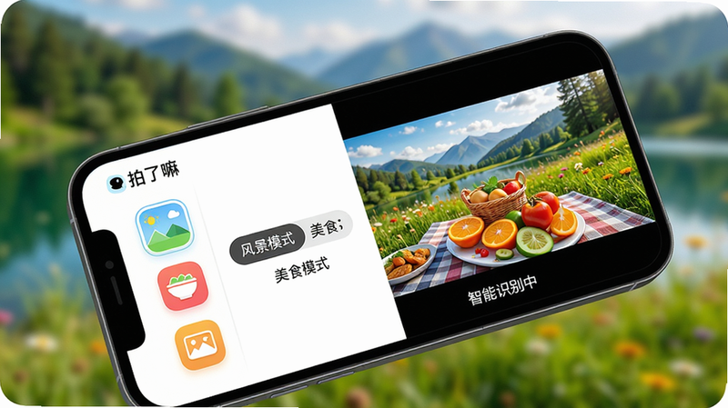 主体:手机屏幕展示“拍了嘛”智能场景识别功能,界面显示“风景模式”与“美食模式”切换,照片色彩鲜艳。布局:手机斜放,背景为模糊的户外自然景色,屏幕内容突出。排版:屏幕左侧显示场景图标列表,右侧为实时预览画面,底部有“智能识别中”字样。风格:明亮、自然、生动。细节:屏幕中照片清晰,色彩层次丰富,界面图标圆润。画质:高清,干净,无多余元素。